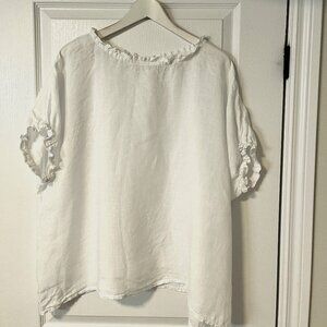 White Pure Linen Blouse One Size with Ruched Collar and Sleeves Made in Italy